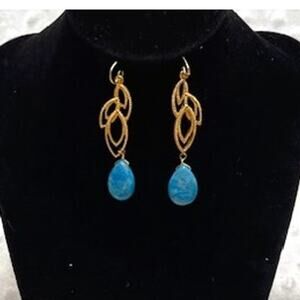 Vintage Gold Plated Leaves w/Turquoise Teardrops Dangle Earrings